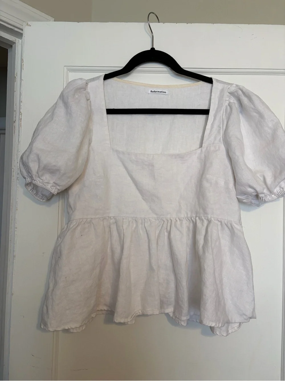 Reformation White Square Neck Puff Sleeve Peplum Top